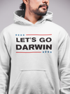 man wearing a white lets go darwin hoodie