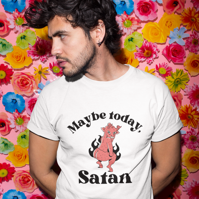 man wearing a shirt with a twerking satan that says maybe today satan